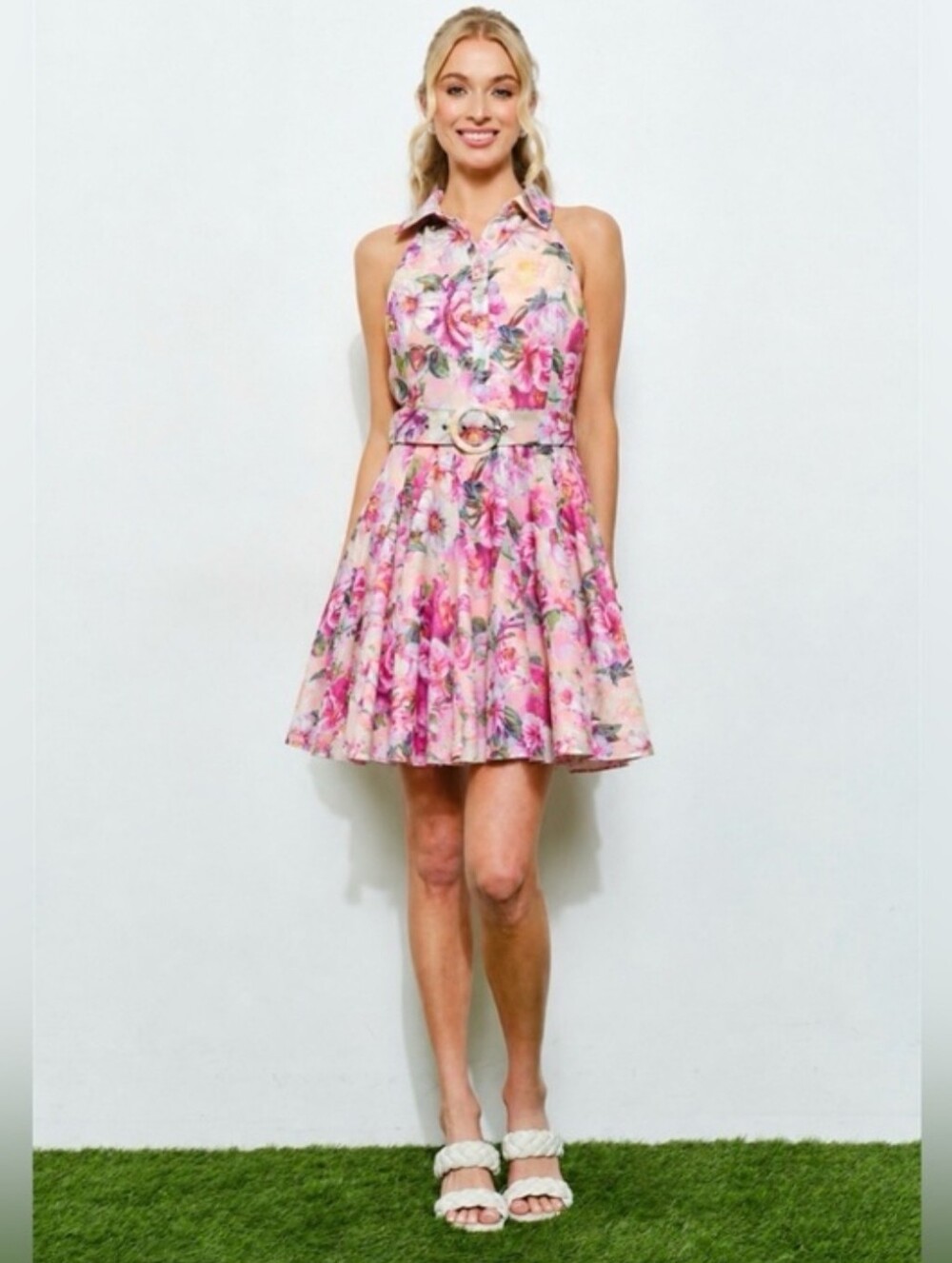 Pink Floral Halter Belted Fit-and-Flare Dress